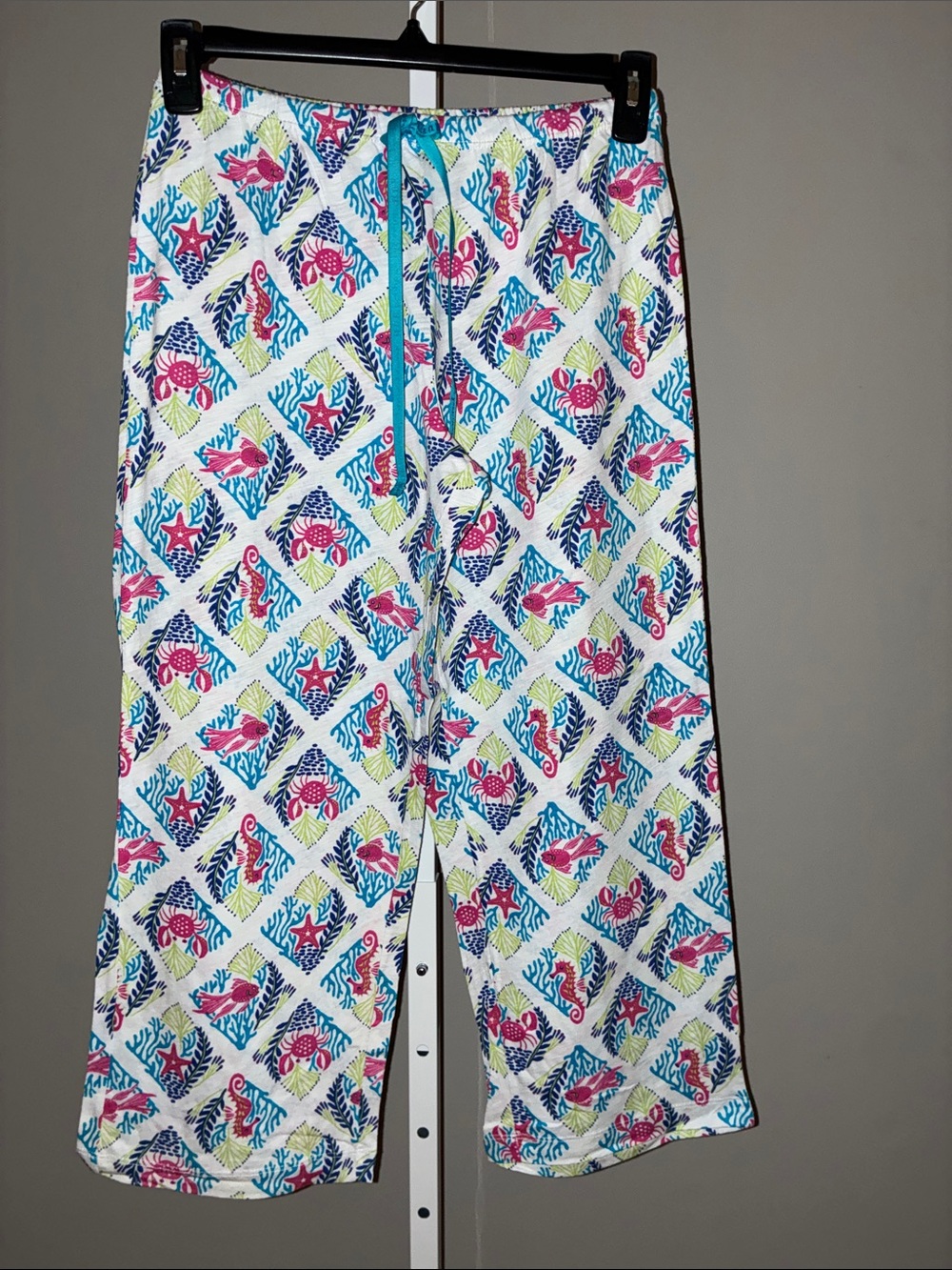 HUE White Sea Life Print Pajama Pants with Turquoise Drawstring